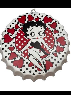 Betty Boop 13'' Metal Bottle Cap TRAY SIGN, Retro Round Red Hearts black Dress